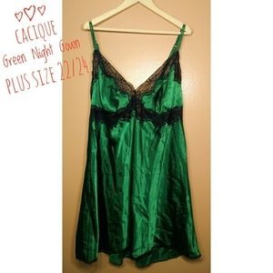 Cacique Green Night Gown Black Lace Plus Sz 22/24